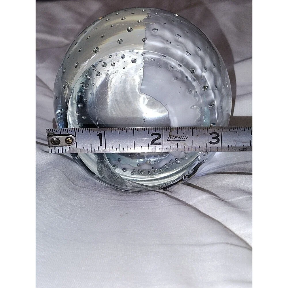 Vintage Controlled Bubble Art Glass Paperweight White & Smoky Black Swirl 3.5